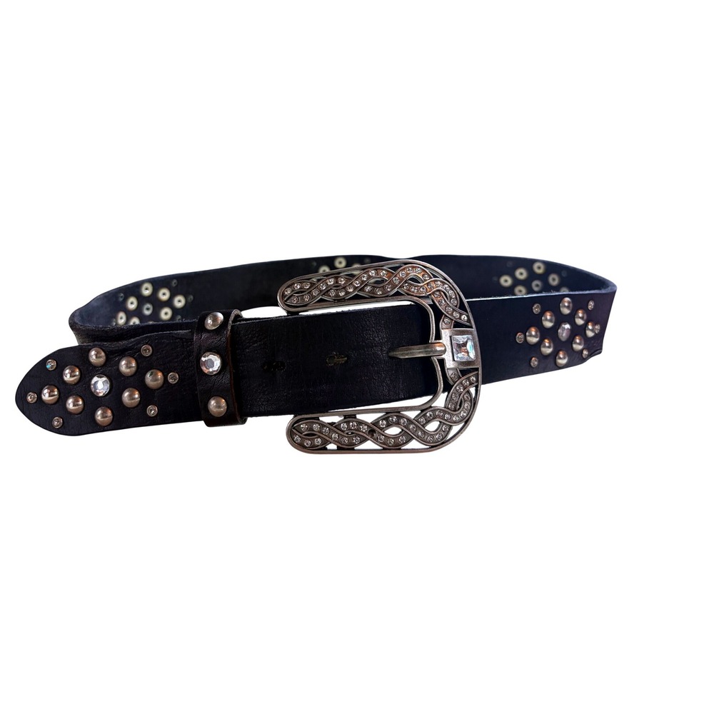 BKE Womens Black Leather Western Belt Crystal Studded Silver‎ Buckle Size S
